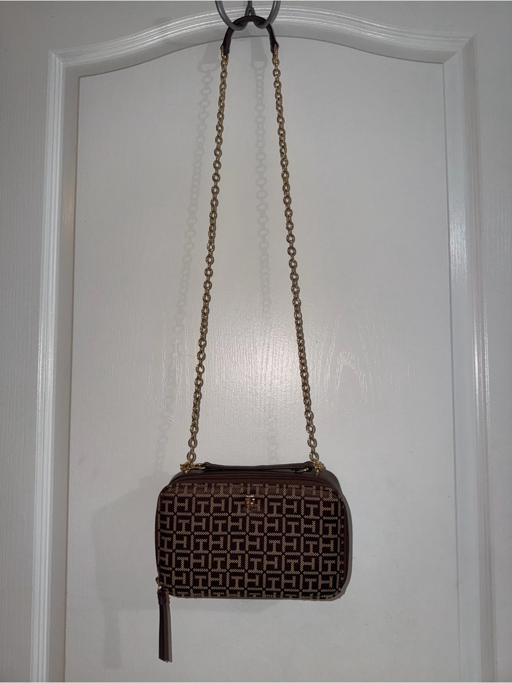 Tommy Hilfiger Brown Monogram Crossbody with Gold Chain